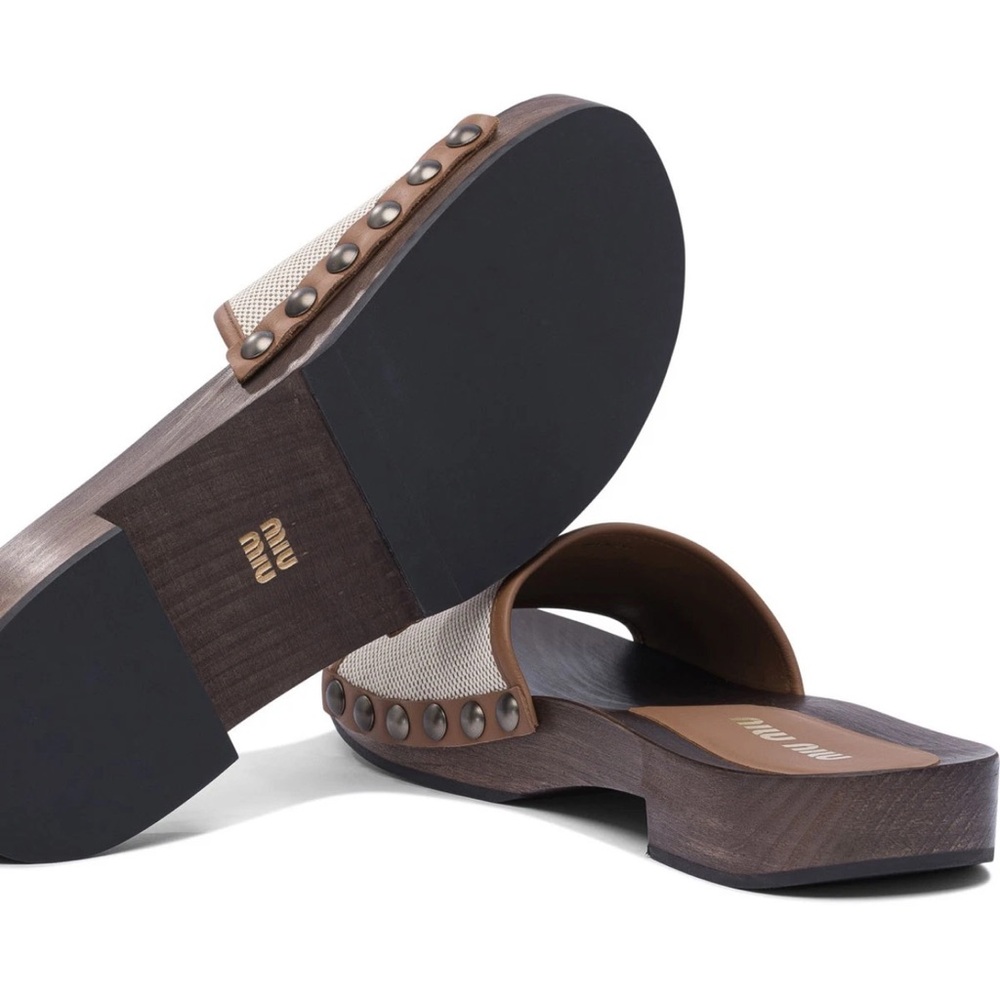 Miu Miu Logo Canvas & Leather Trim Clogs 30 MM Slides Sandals Italy 36 US 6 New - Picture 3 of 7